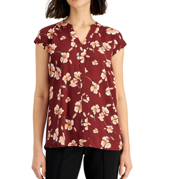 Alfani Tops - Alfani Mixed Media Cap Sleeve Floral Crimson Blouse Casual Top Red Size XL